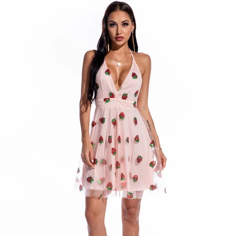 Sexy Spaghetti Strap Strawberry Sequin Dress Halter V-Neck Lace-Up Backless Party Clubwear Women Clothing Pink Dress