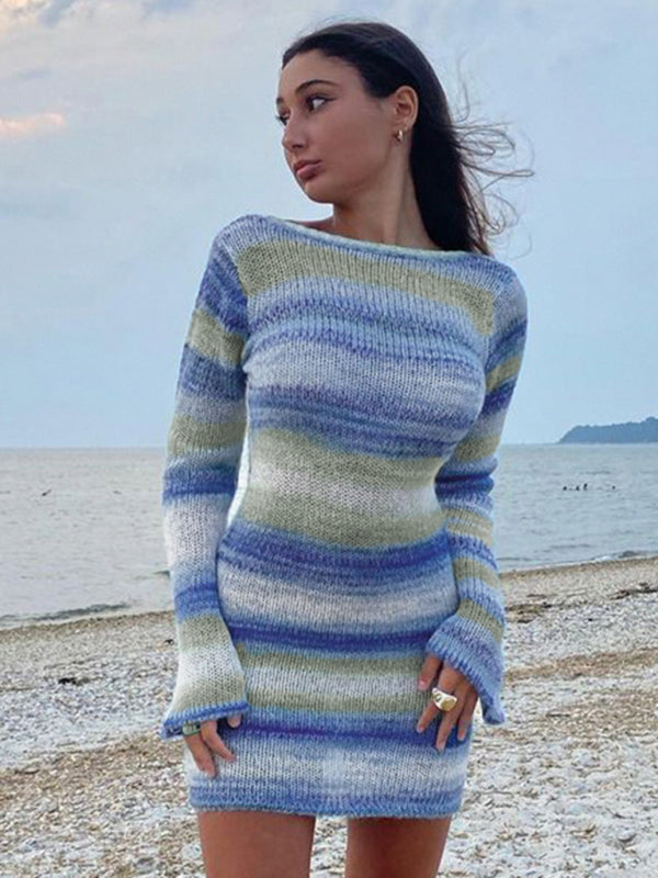 Knitted Striped Backless Sweater Bell Sleeves Mini Dress